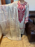 Beautiful linen thread embroidery suite with plazzo trousers and cotton organza dupatta