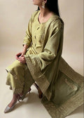 Olive Green/Black Cotton Golden Zari Threaded Embroidery Suit