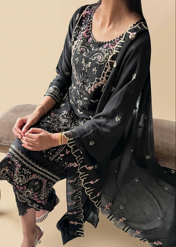 Black Chiffon Golden Zari and Thread Embroidery 3-Piece Suit