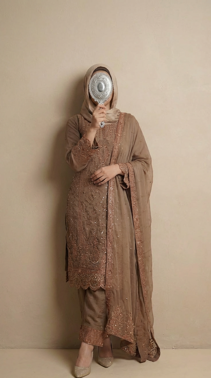 Rosy Brown Chiffon 3 Piece Suit