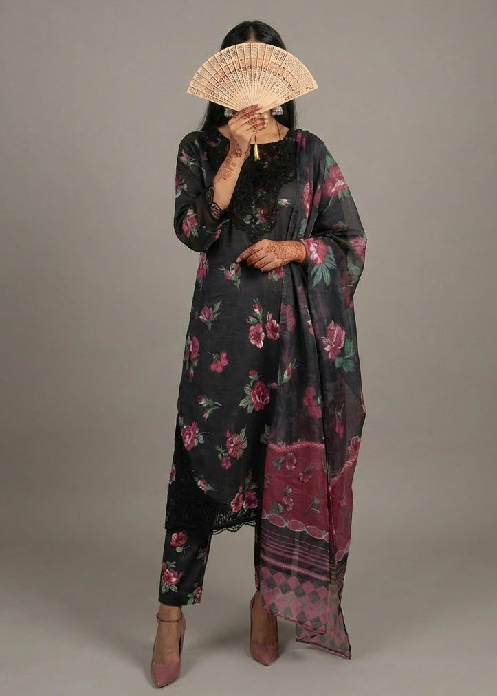 Black Cotton Lawn Flower Print 3-Piece Suit