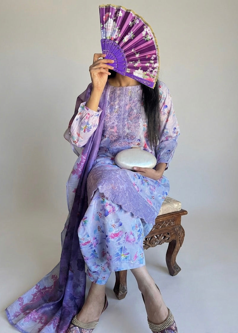 Purple Floral Cotton Lawn 3-Piece Suit