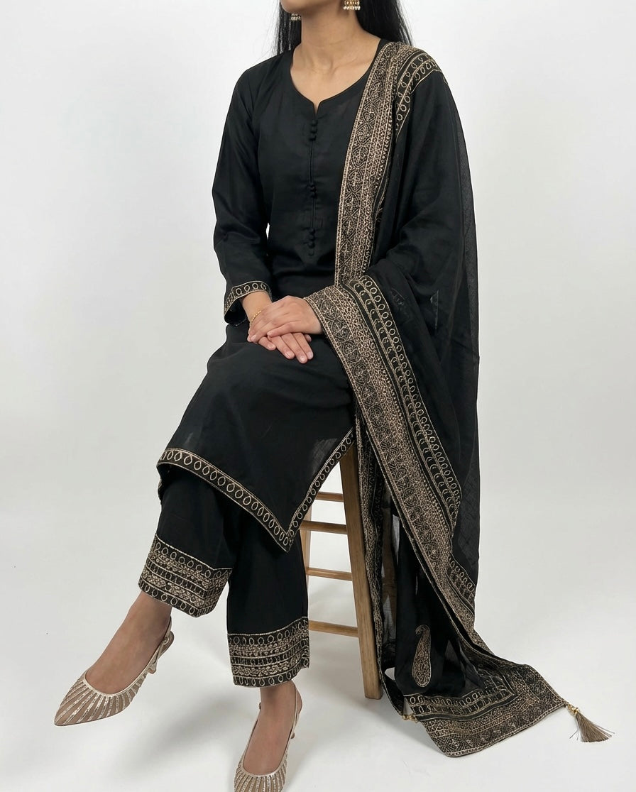 Olive Green/Black Cotton Golden Zari Threaded Embroidery Suit