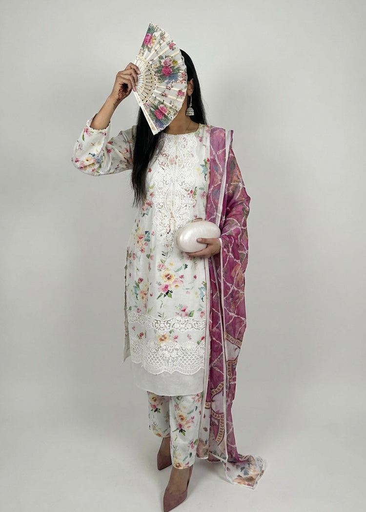 White Floral Lawn 3-Piece Cotton Suit with Printed Chiffon Dupatta