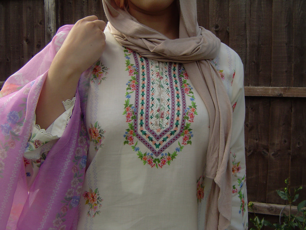 Cream Printed 100% Cotton 3-Piece suit