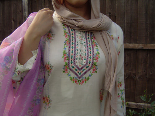 Cream Printed 100% Cotton 3-Piece suit