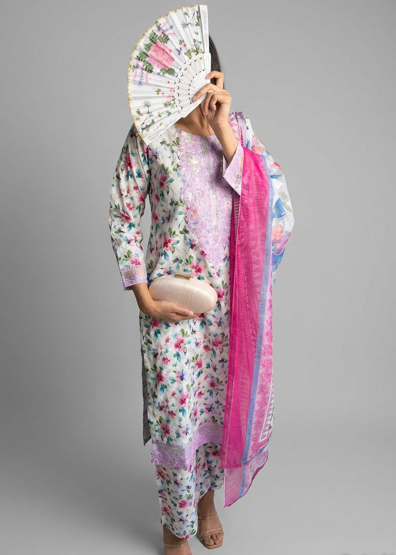 White and Lilac Floral Print Cotton Lawn 3-Piece Suit