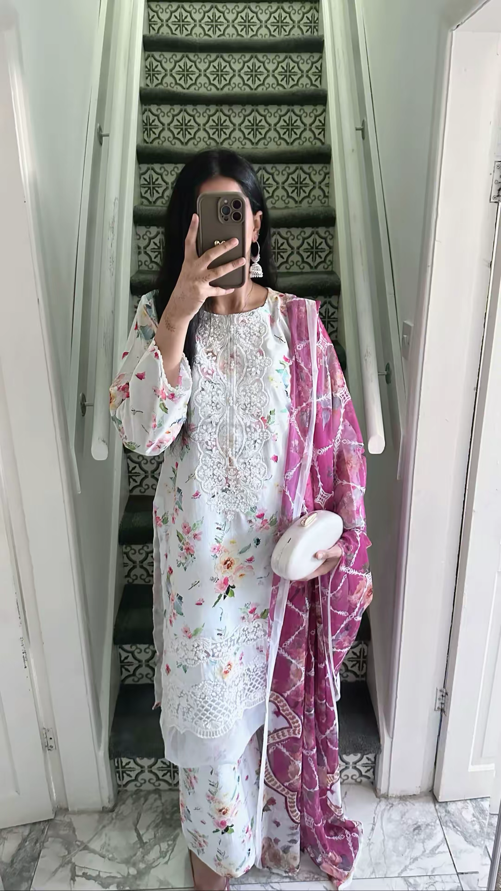 White Floral Lawn 3-Piece Cotton Suit with Printed Chiffon Dupatta