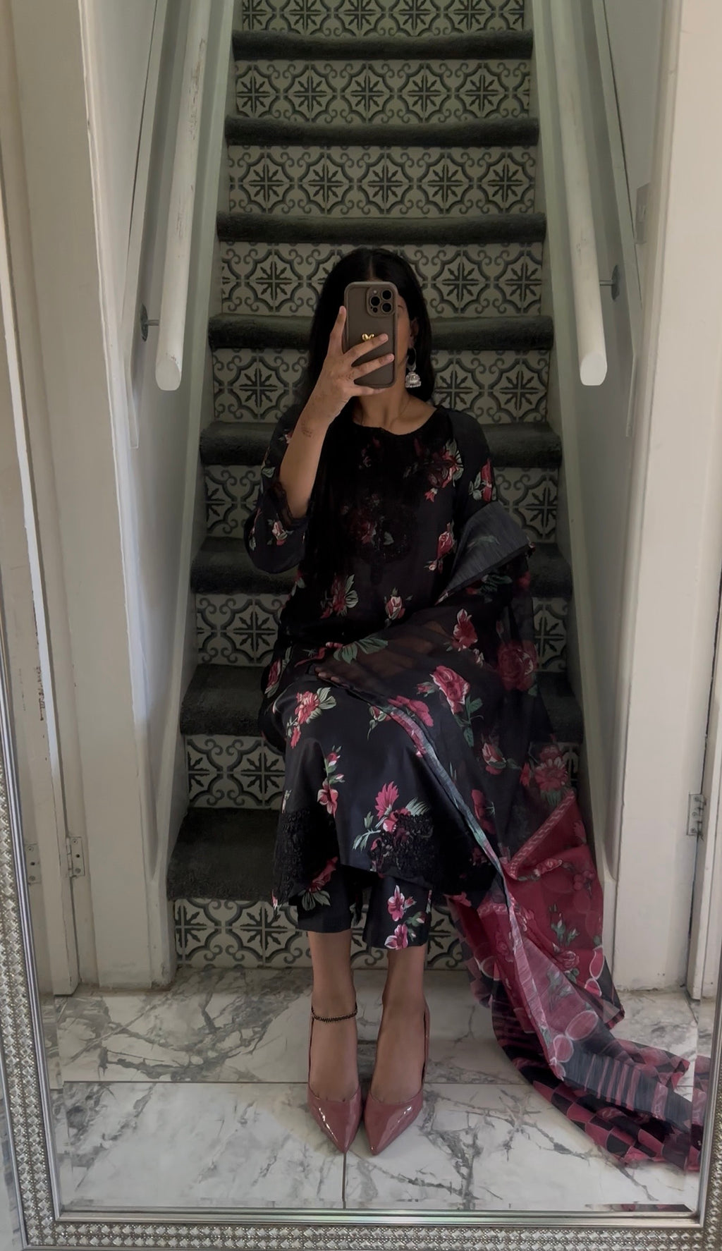 Black Cotton Lawn Flower Print 3-Piece Suit