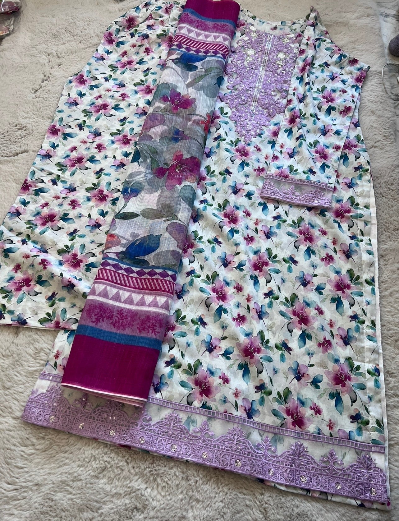White and Lilac Floral Print Cotton Lawn 3-Piece Suit