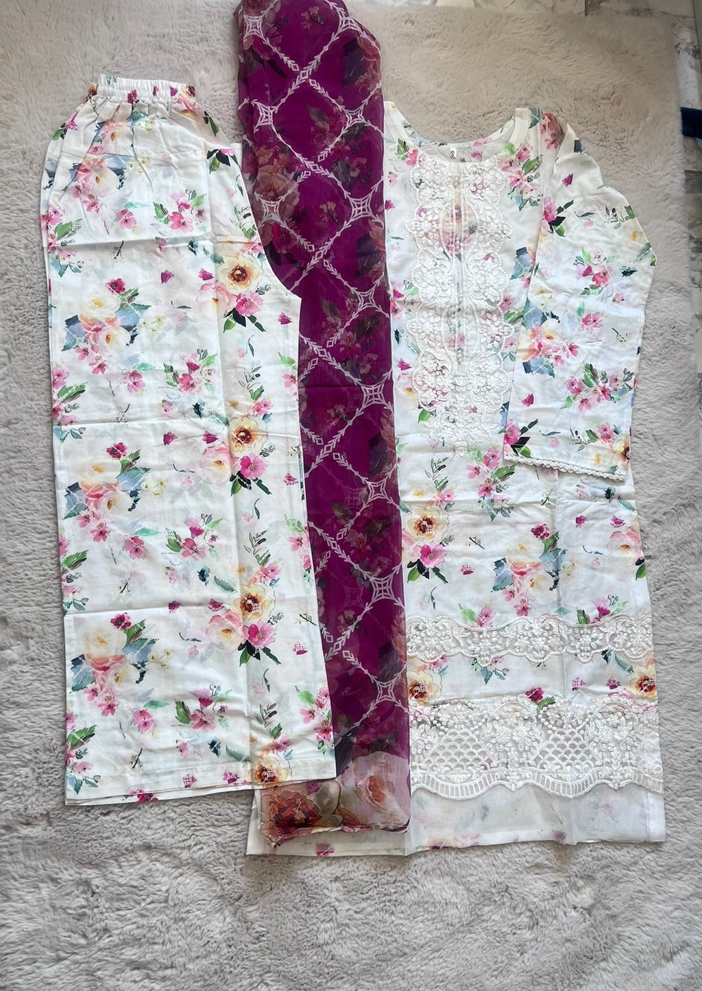 White Floral Lawn 3-Piece Cotton Suit with Printed Chiffon Dupatta