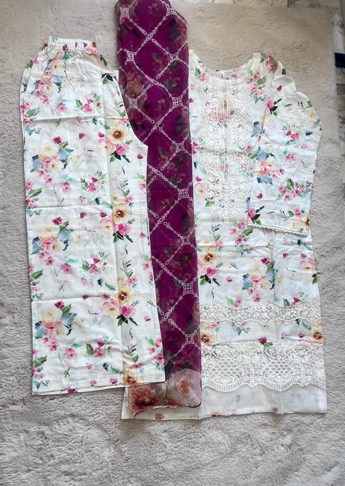 White Floral Lawn 3-Piece Cotton Suit with Printed Chiffon Dupatta