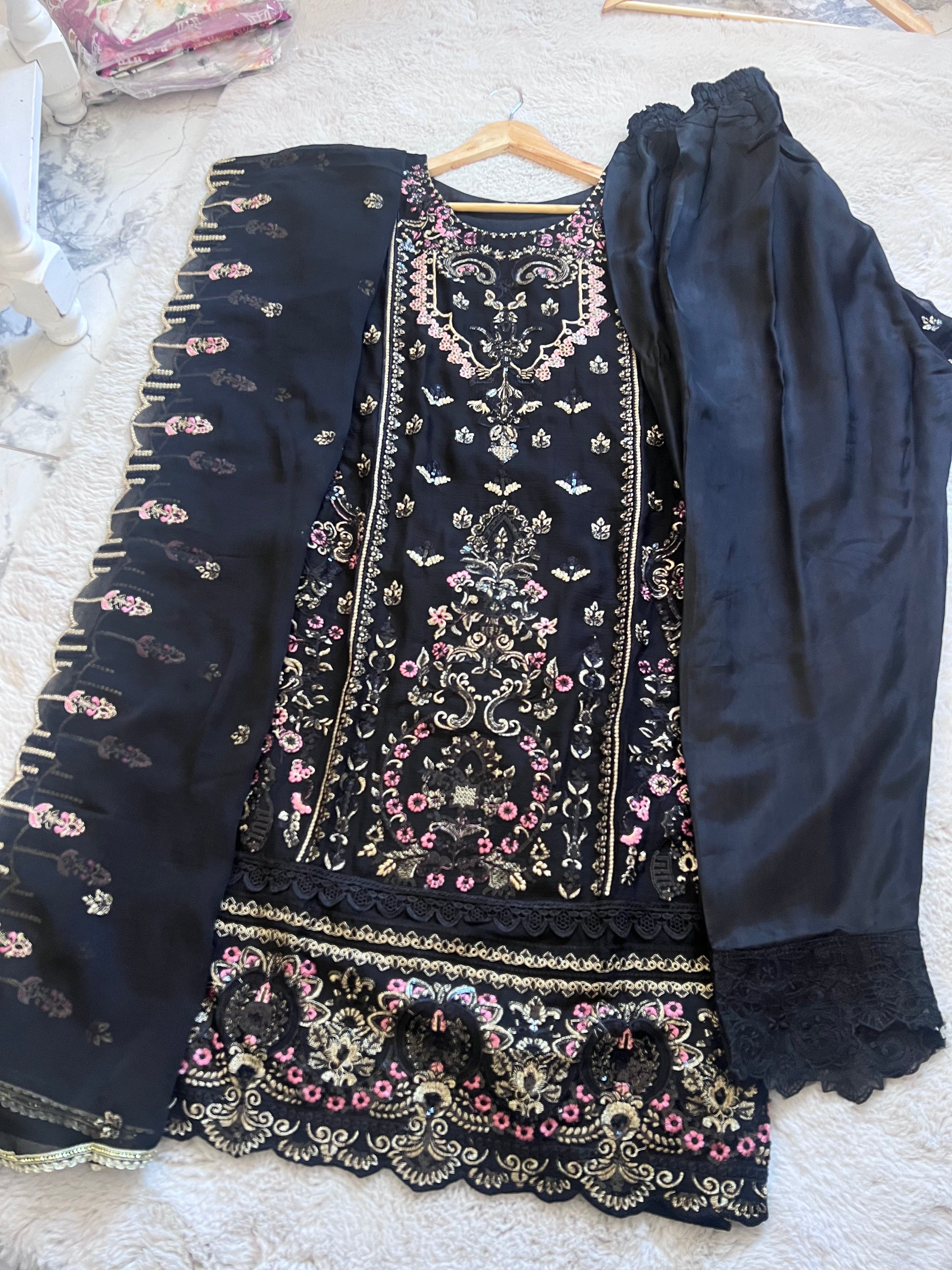 Black Chiffon Golden Zari and Thread Embroidery 3-Piece Suit