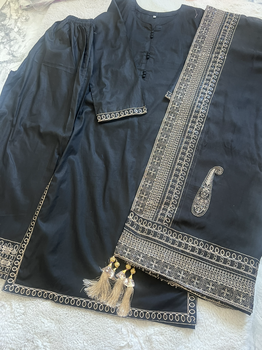 Olive Green/Black Cotton Golden Zari Threaded Embroidery Suit