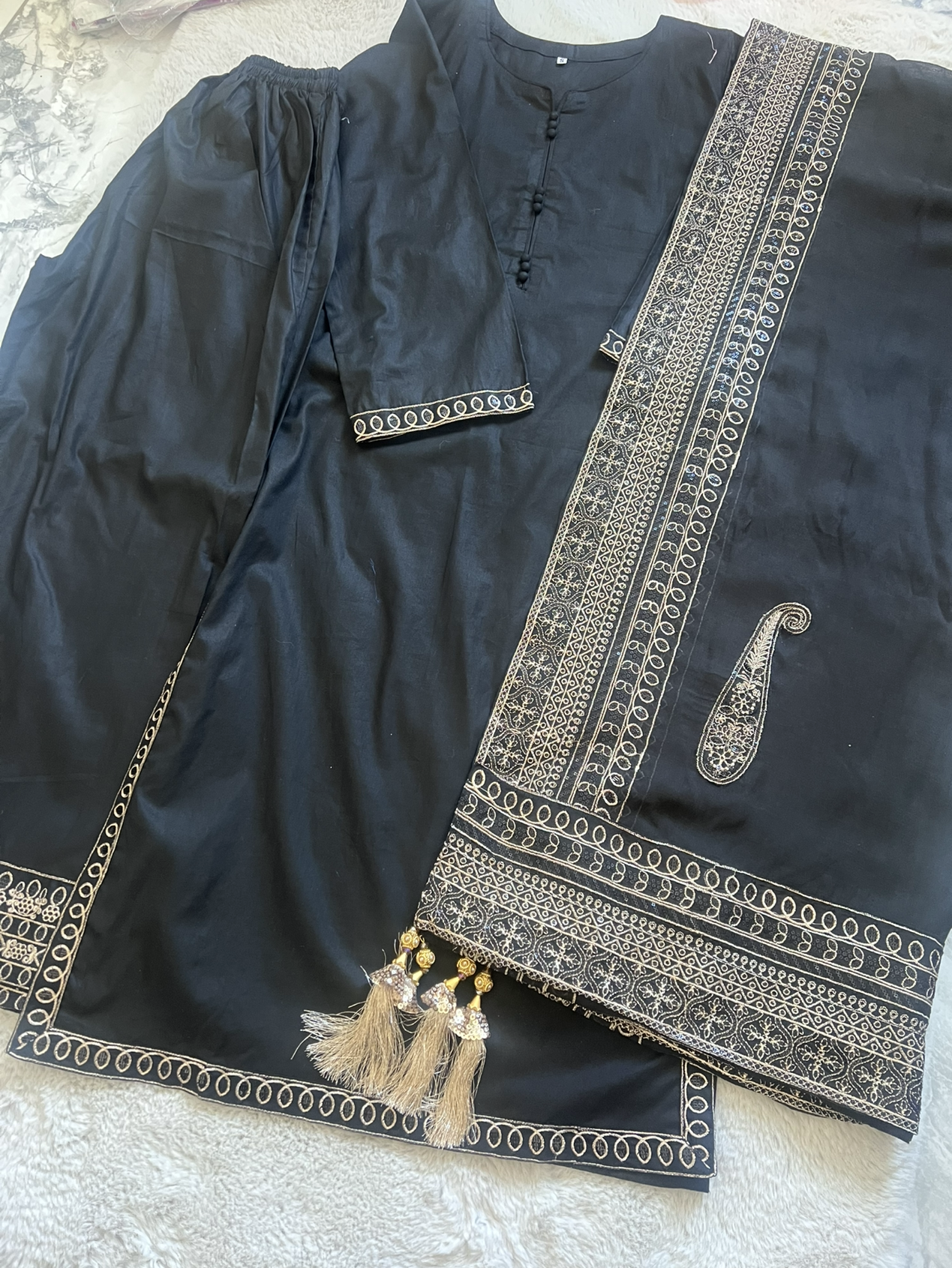 Olive Green/Black Cotton Golden Zari Threaded Embroidery Suit