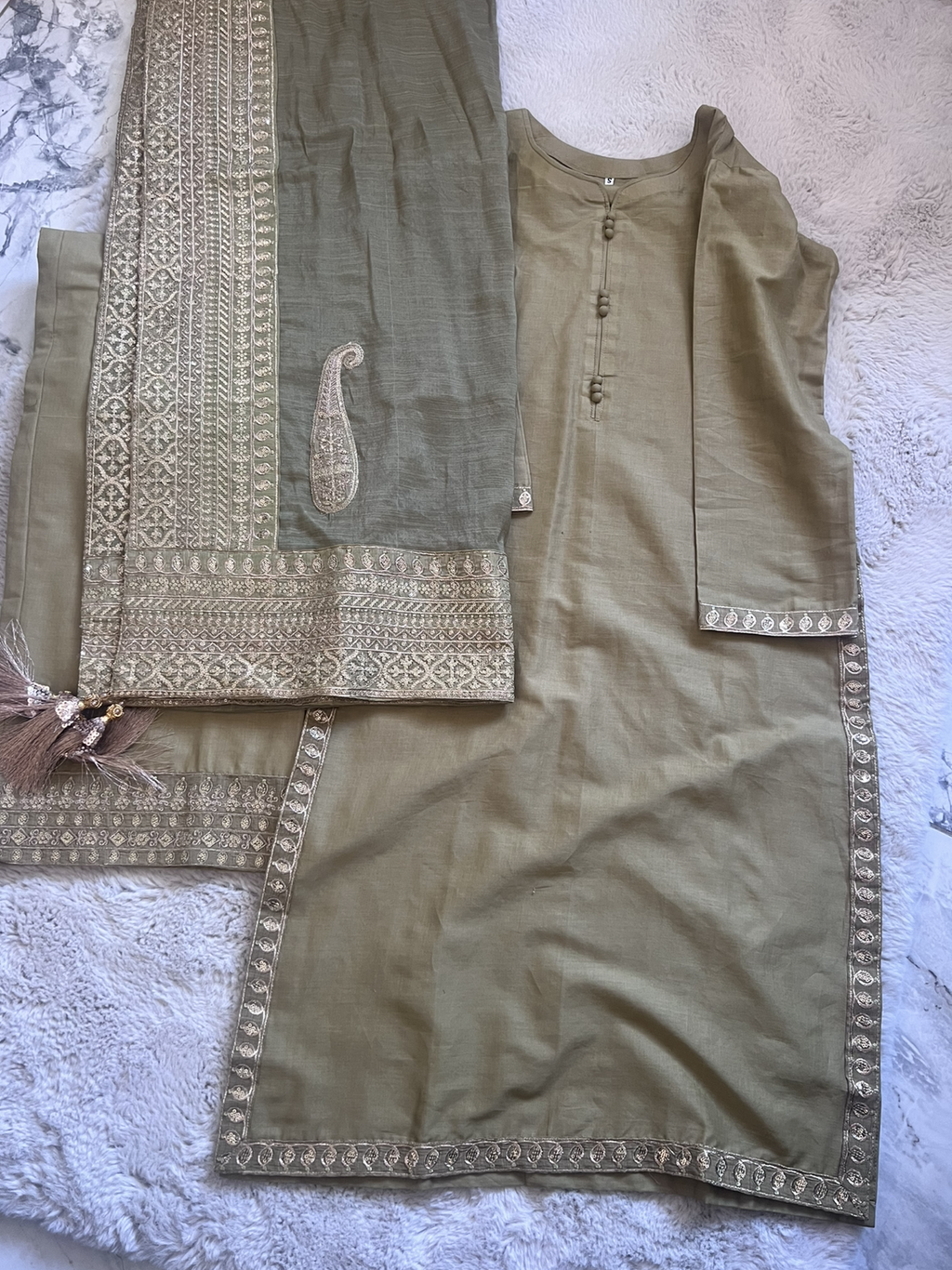 Olive Green/Black Cotton Golden Zari Threaded Embroidery Suit