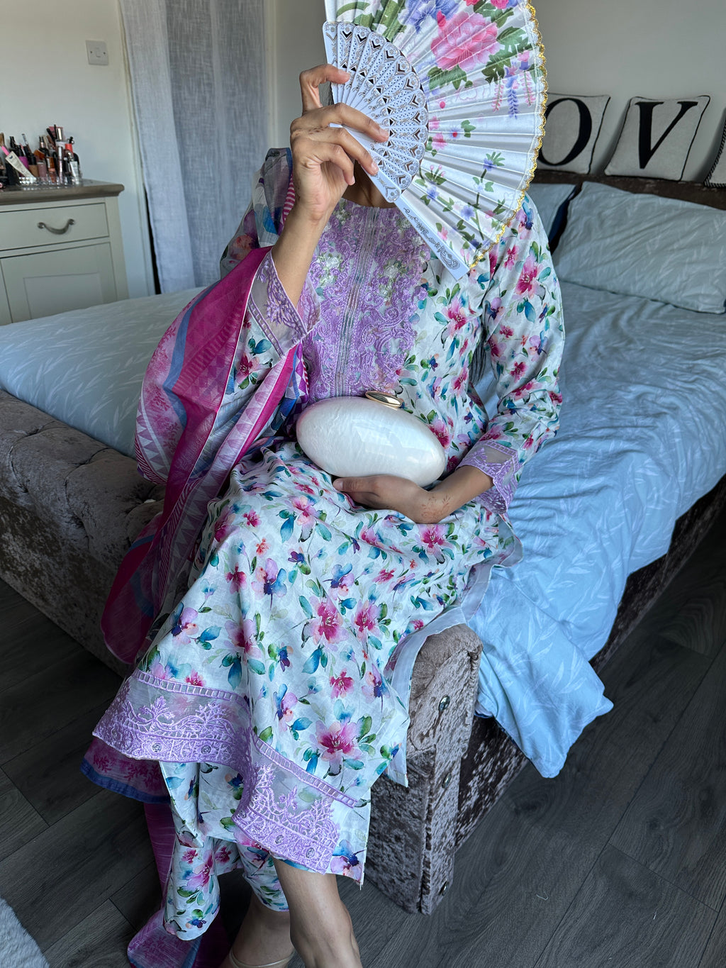 White and Lilac Floral Print Cotton Lawn 3-Piece Suit