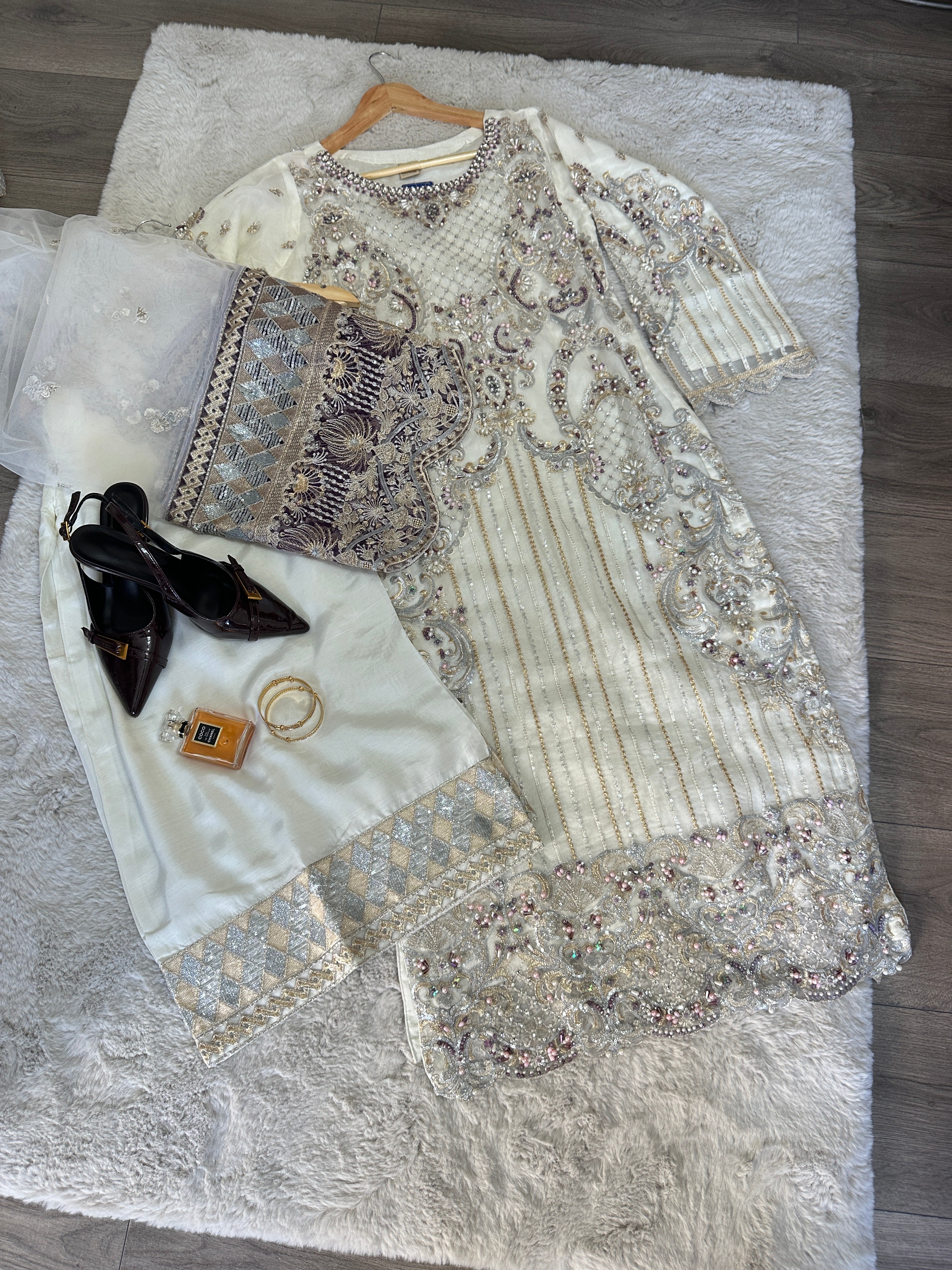 White Chiffon and Organza Suit