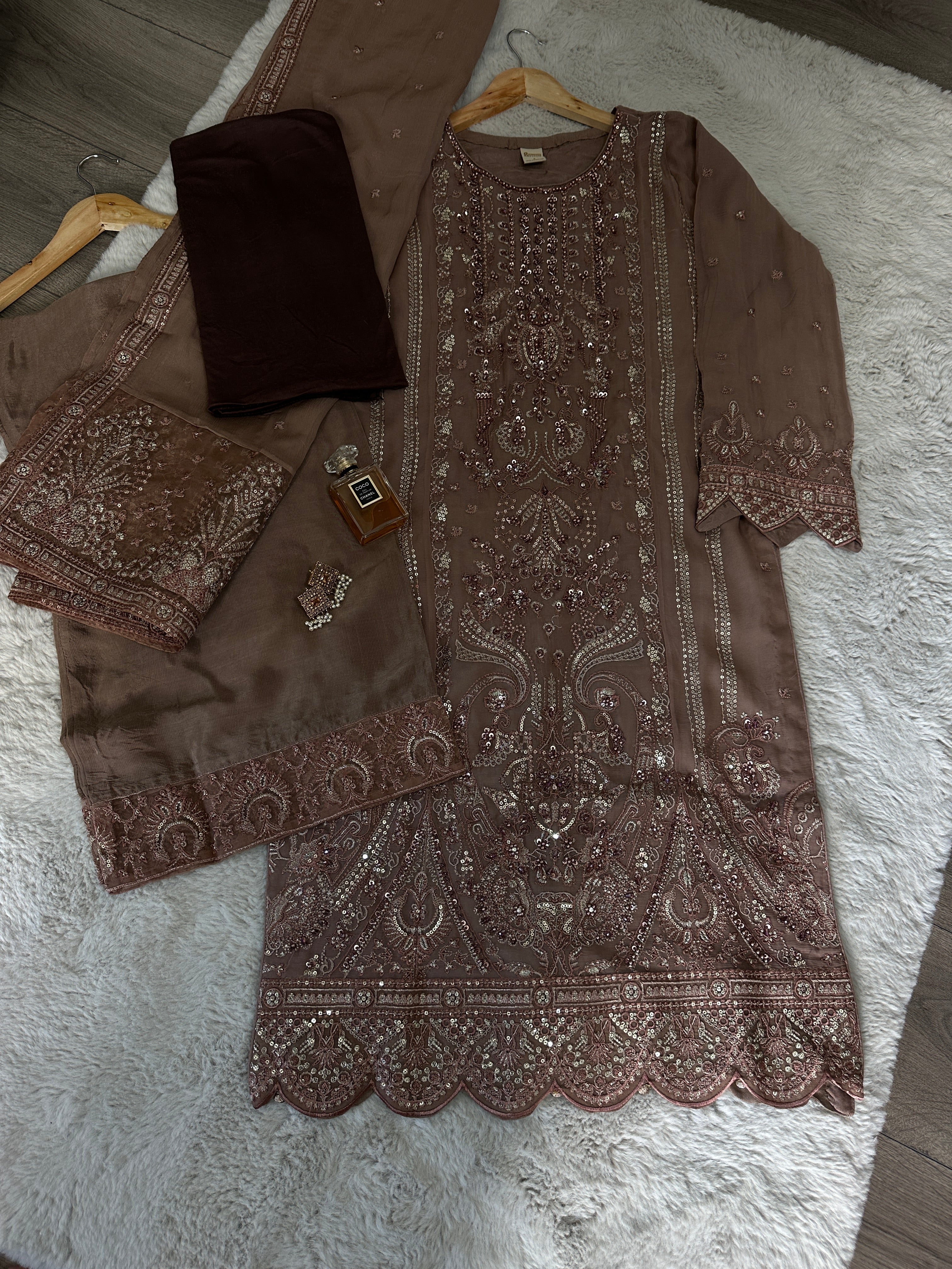 Rosy Brown Chiffon 3 Piece Suit