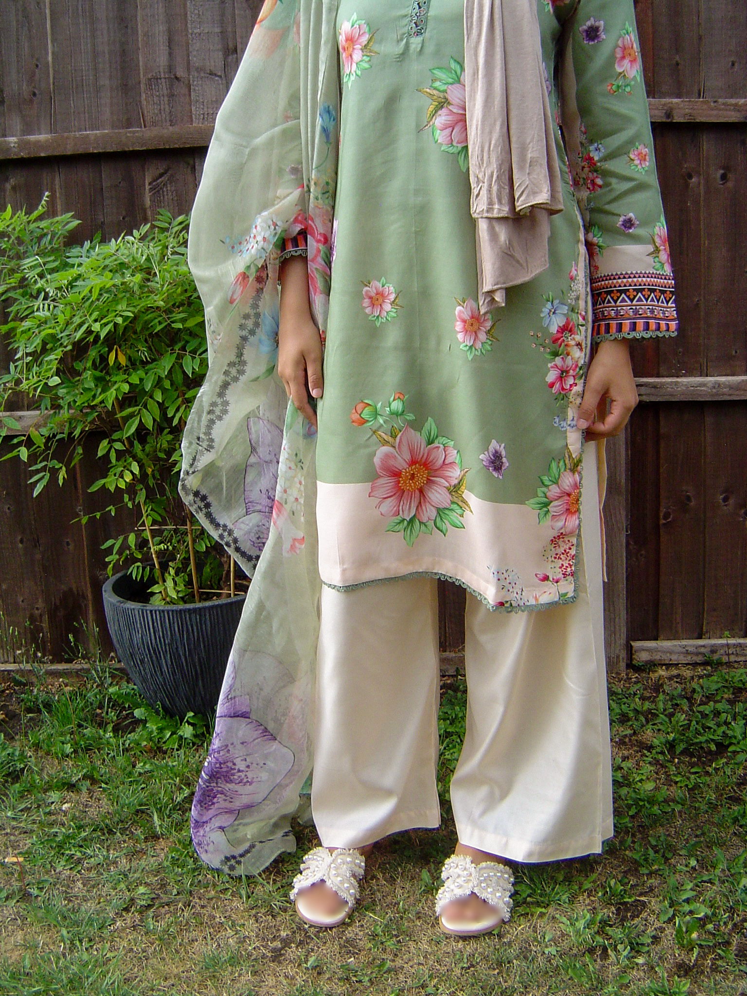 Pale Green and Cream Printed 100% Cotton 3-Piece Suit