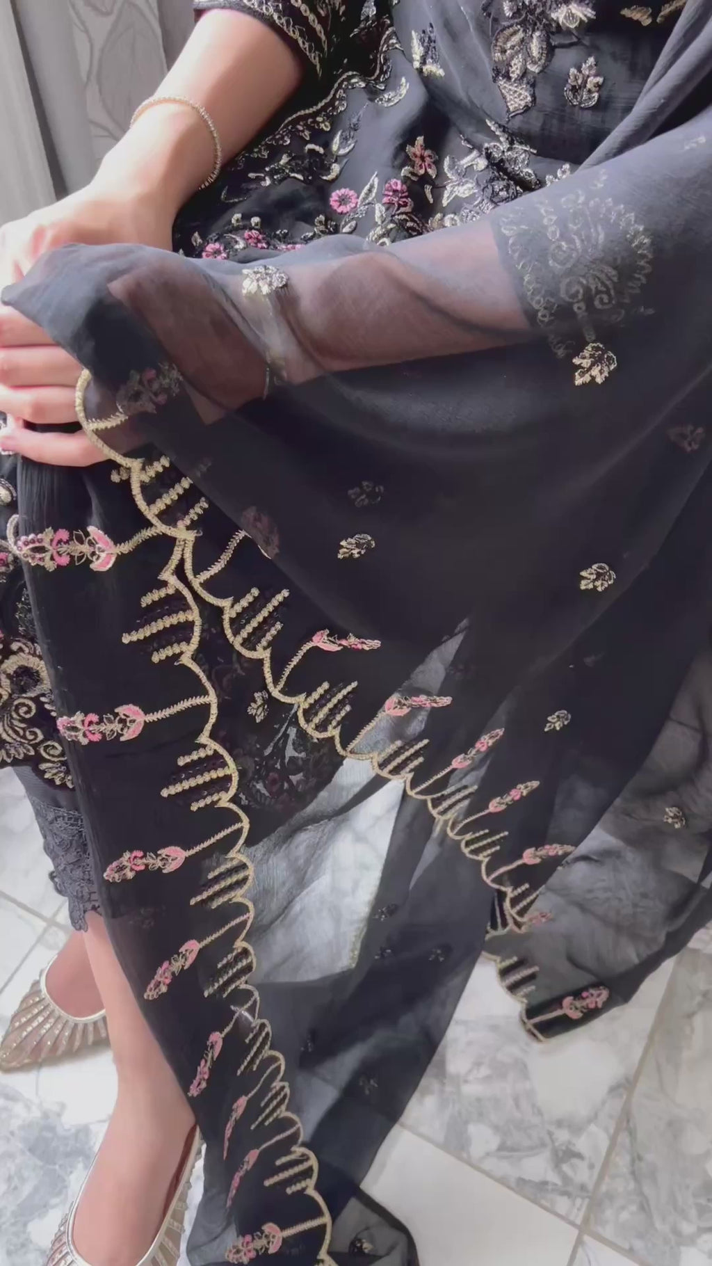 Black Chiffon Golden Zari and Thread Embroidery 3-Piece Suit