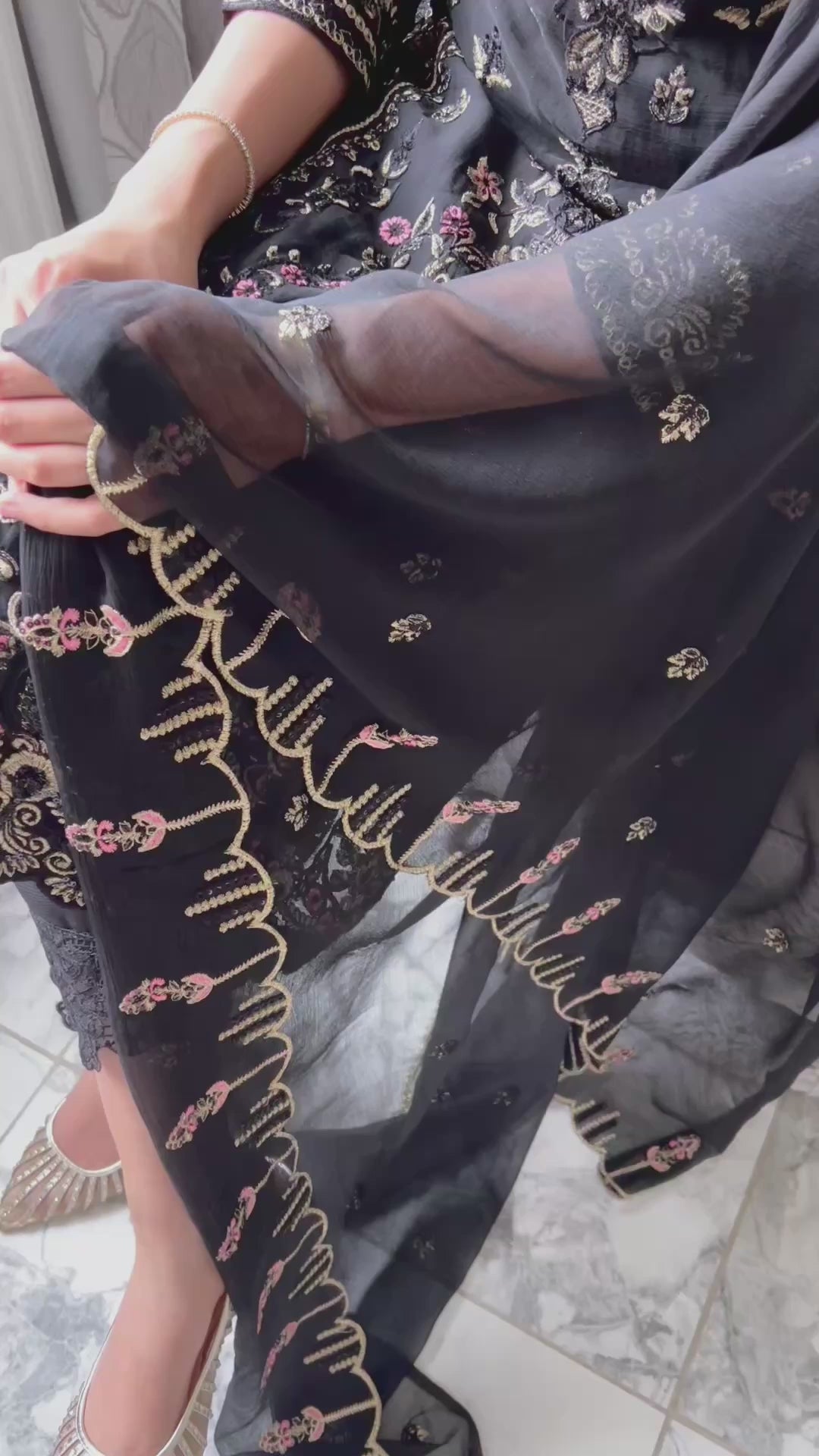 Black Chiffon Golden Zari and Thread Embroidery 3-Piece Suit