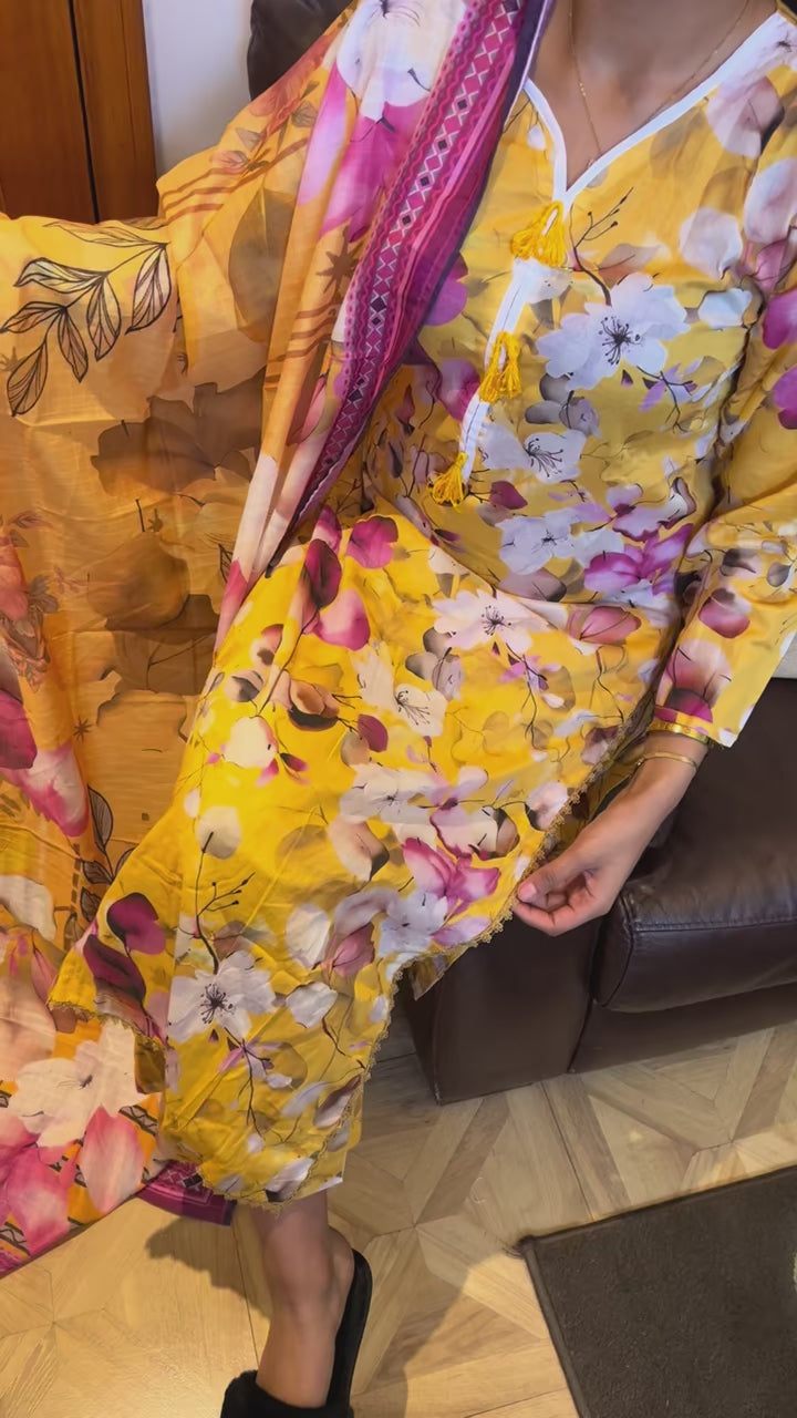 Summer yellow floral cotton lawn 3 piece suite