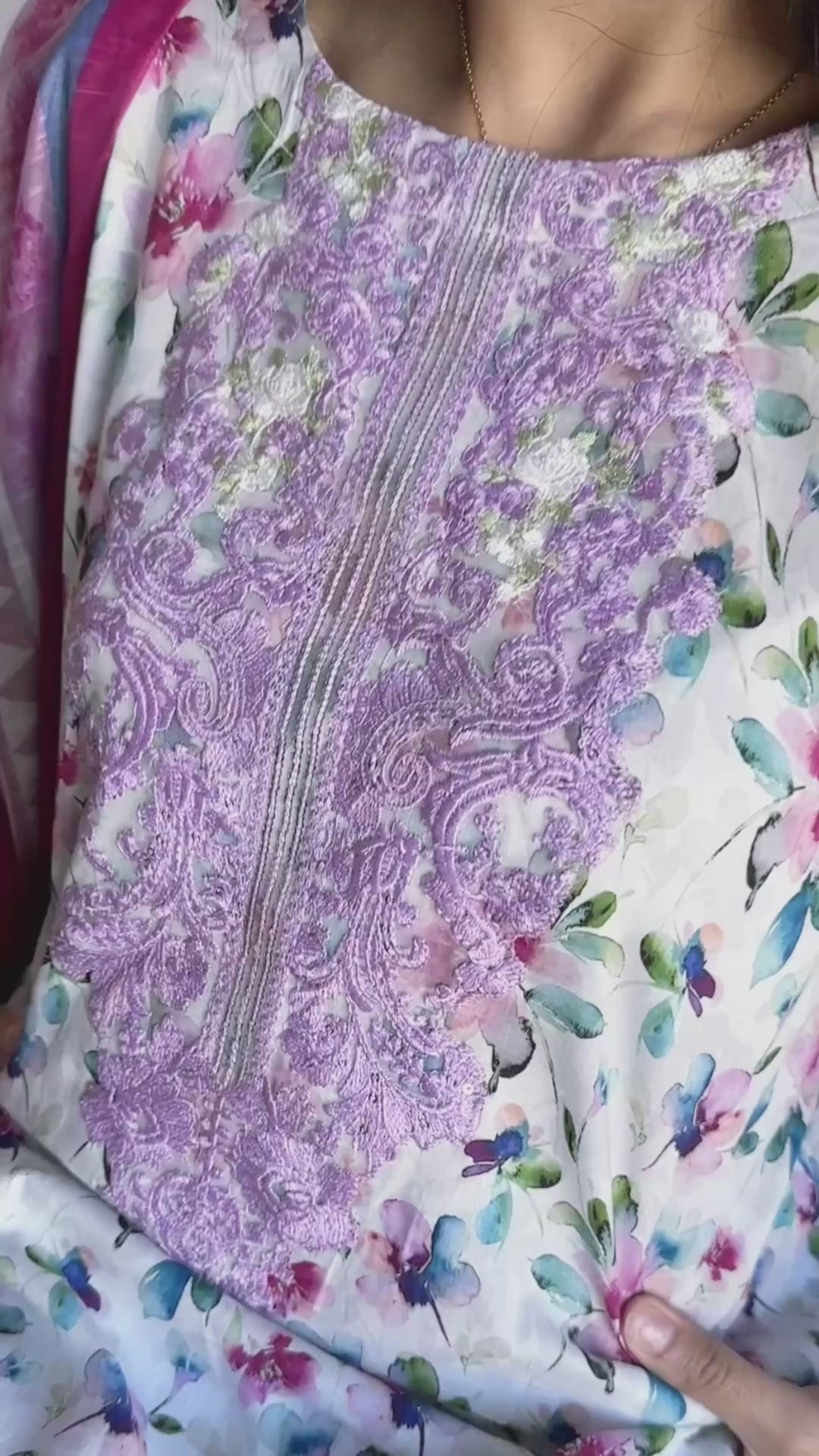 White and Lilac Floral Print Cotton Lawn 3-Piece Suit