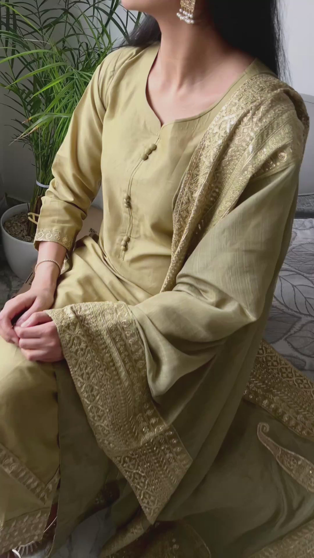 Olive Green/Black Cotton Golden Zari Threaded Embroidery Suit